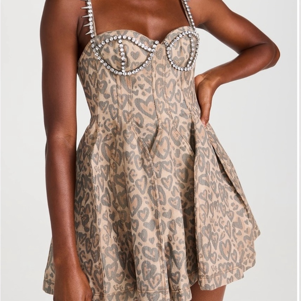 AREA Leopard Print Dress with Rhinestone Accents